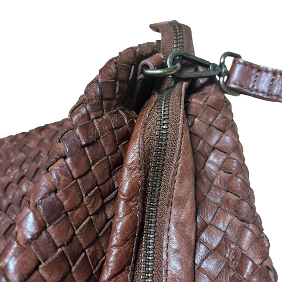 Fossil Woven Brown Leather Tote Bag with Strap Boho Artisan Satchel - Picture 6 of 14